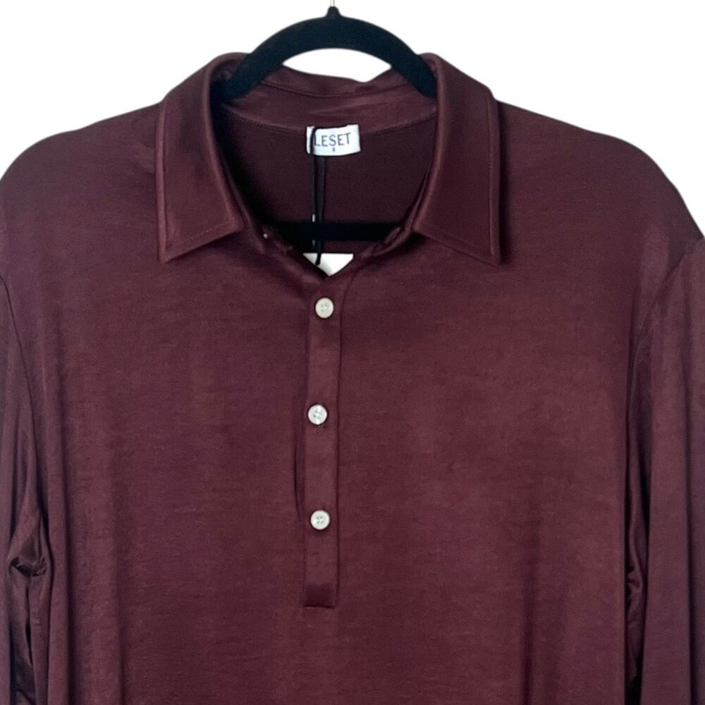 LESET Satin Long Sleeve Polo Blouse in Burgundy - Picture 3 of 11